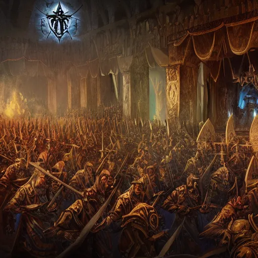 Image similar to satanists in masonic lodge during a medieval battle, warcraft style, realistic 4k octane beautifully detailed render, 4k post-processing, highly detailed, intricate complexity, epic composition, magical atmosphere, cinematic lighting, masterpiece, ultra hd