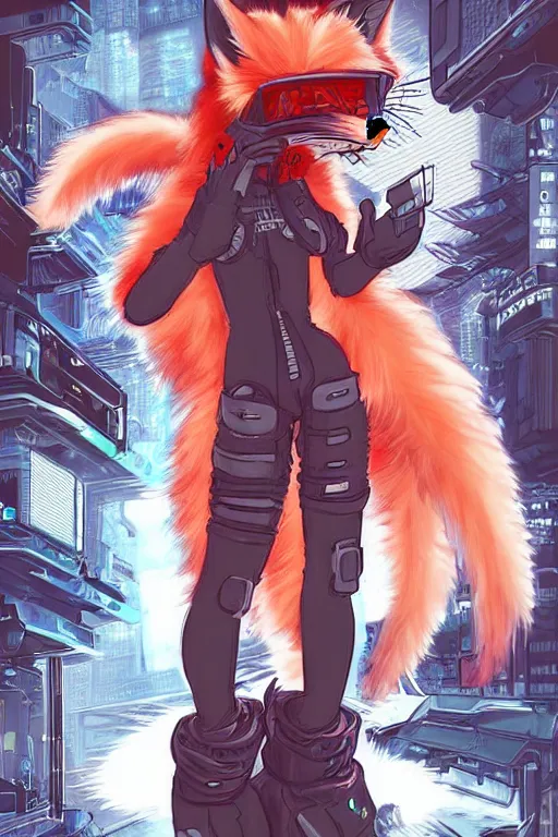 Prompt: a detailed illustration of a cyberpunk anthropomorphic fox with a fluffy tail!!!, manga art, trending on furaffinity, cartoon, kawaii, backlighting