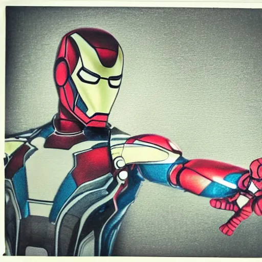 Image similar to a single iron man and spider - man hybrid, dslr, polaroid