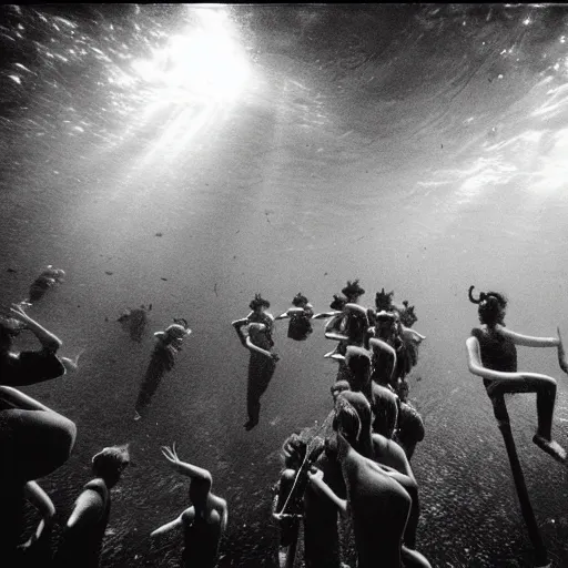 Prompt: Underwater photo of a marching band by Trent Parke, clean, detailed, Magnum photos