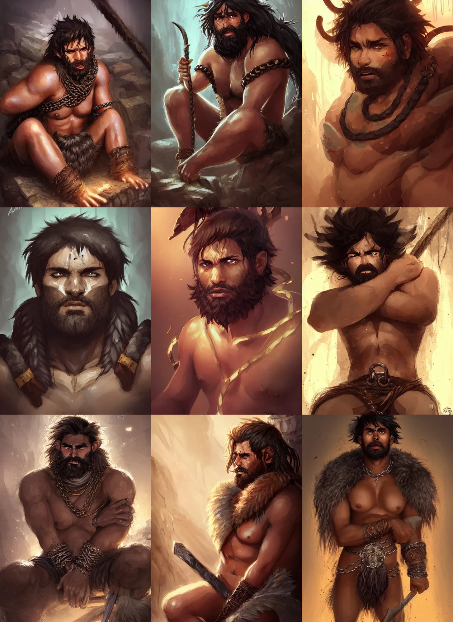 Prompt: picture of a chaine barbarian in cave, sitting down, damaged, light brown skin, black messy hair, beard, pelt, sad, exhausted, face details, shapely, extremely detailed, smooth, sharp focus, digital illustration, by artgerm, rossdraws, sakimichan