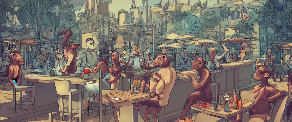 Prompt: a beautiful illustration of a strange anthropomorphic android monkeys having drinks at an outside pool bar by James Jean | comic book:.7 | unreal engine:.3