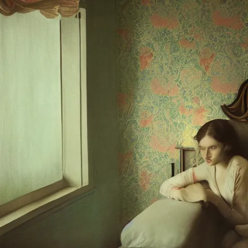 Image similar to a lonely girl in a liminal hotel room, art nouveau wallpaper, film still by wes anderson, depicted by balthus, limited color palette, very intricate, art nouveau, highly detailed, lights by hopper, soft pastel colors, minimalist