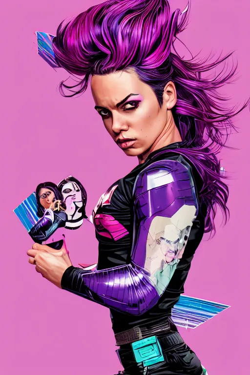 Image similar to a award winning half body porttrait of a beautiful woman in a croptop with ombre purple pink teal hairstyle with head in motion and hair flying by marvel comics and sandra chevrier, outrun, vaporware, illustration, digital art, trending on artstation, highly detailed, fine detail, intricate