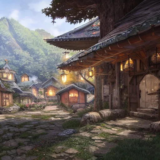 Image similar to concept art painting of a cozy village in a mountainous forested valley, historic english and european and japanese architecture, realistic, detailed, cel shaded, in the style of makoto shinkai and greg rutkowski and james gurney