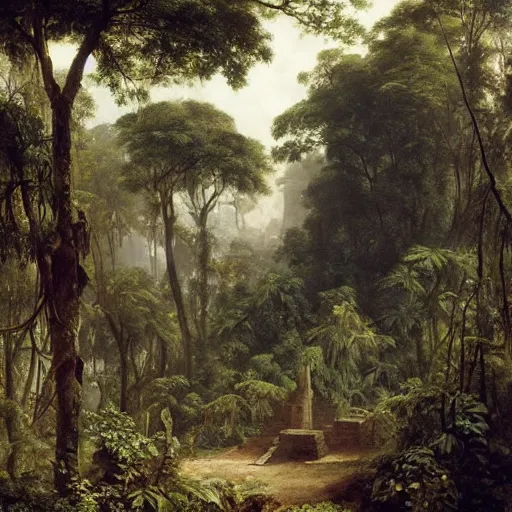 Image similar to aztec temple in the jungle overgrown with vegetation, painting by andreas achenbach