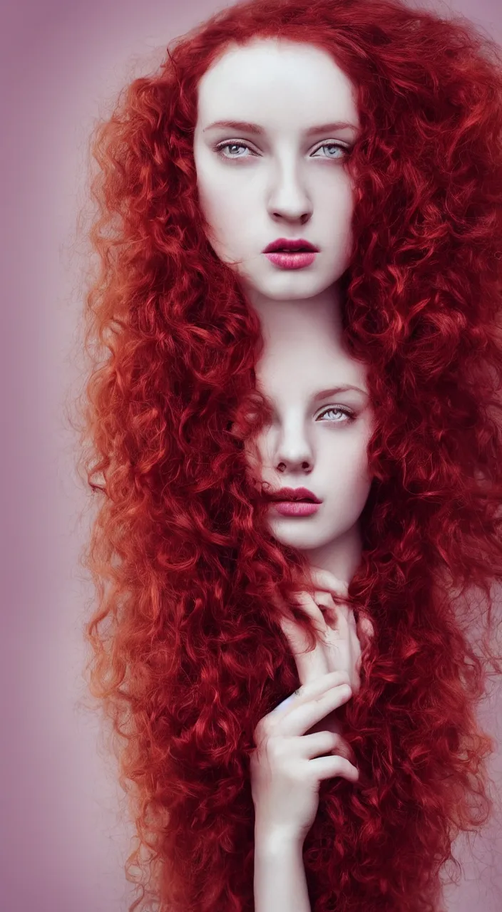 Prompt: a photo portrait of a beautiful girl with red long curly hair by Flora Borsi, soft indoor lighting, pastel colors scheme, fine art photography