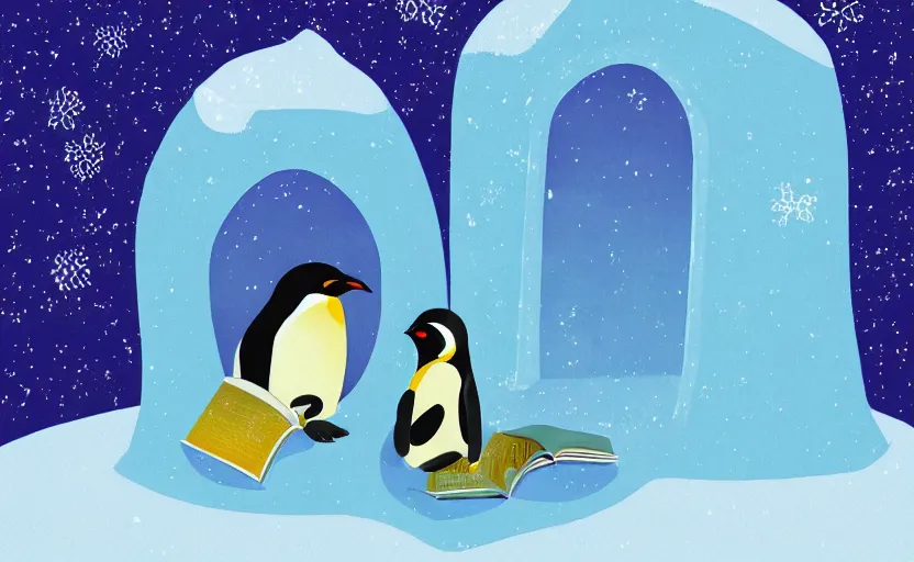 Prompt: childrens book illustration of an emperor penguin sitting down and reading a book inside an igloo