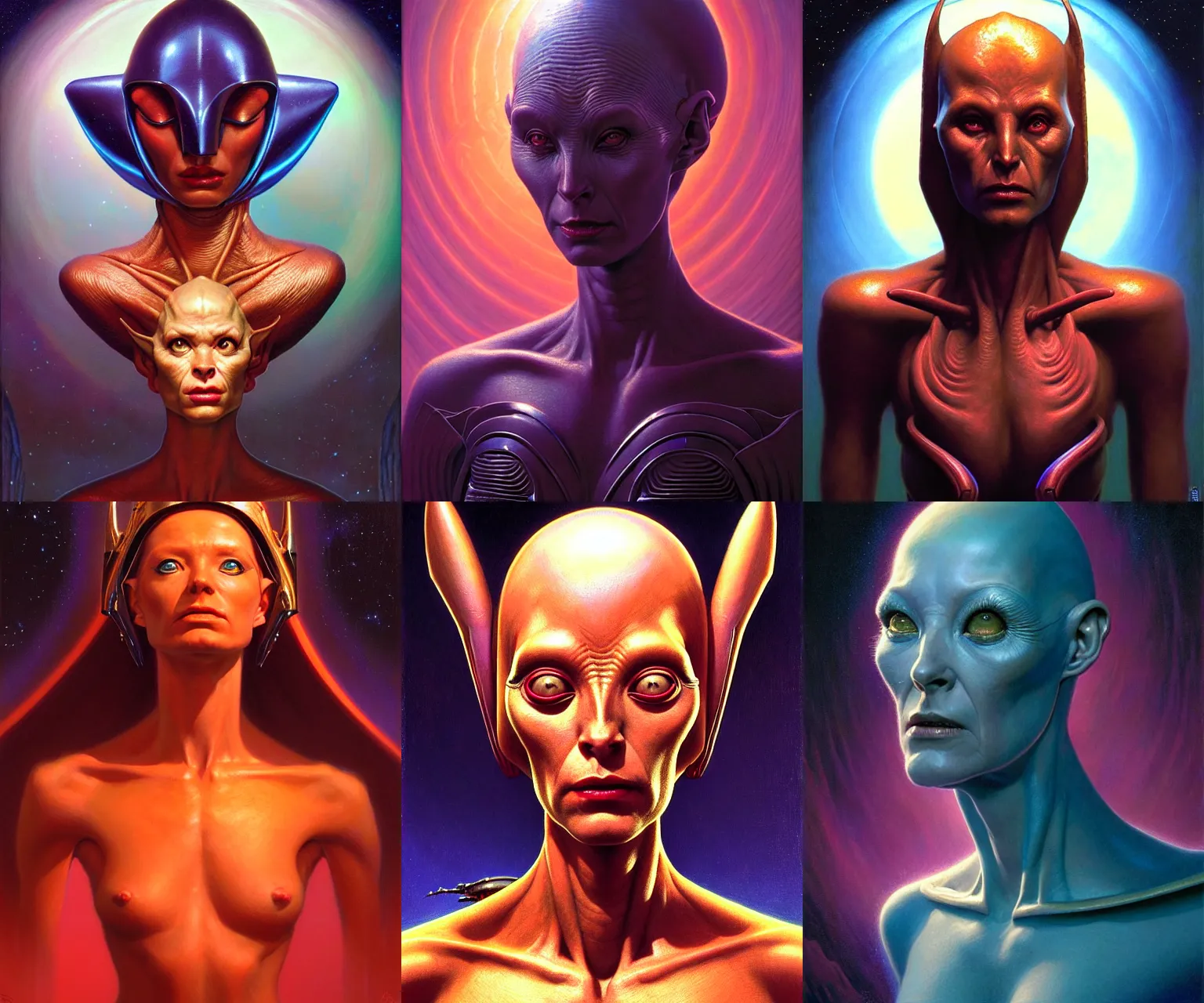 Prompt: cinematic bust portrait of benevolent female extraterrestrial queen, head and chest only, exotic alien features, Tim Hildebrandt, Wayne Barlowe, Bruce Pennington, donato giancola, ralph horsley, oil on canvas, masterpiece, trending on artstation, featured on pixiv, cinematic composition, dramatic pose, beautiful lighting, sharp, details, hyper-detailed, HD, HDR, 4K, 8K