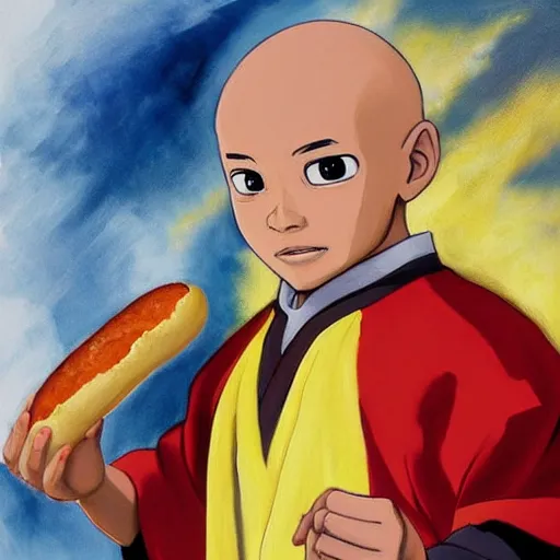Image similar to a painting portrait of the last airbender in an arsenal jersey holding a hot dog,