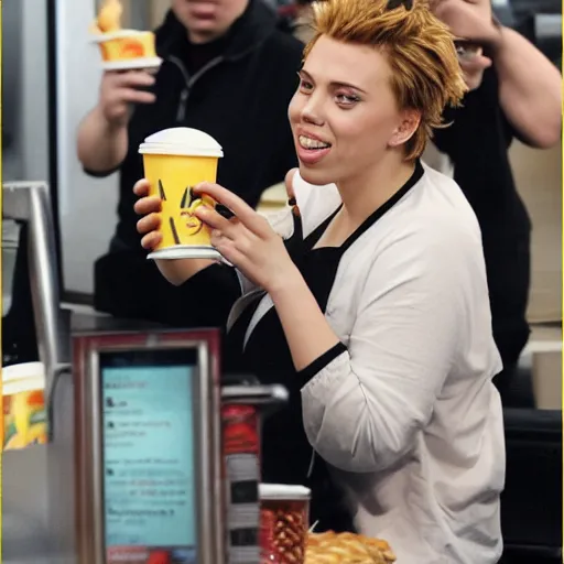 Image similar to fat scarlett johansson sitting in mcdonalds eating a burger, fans cheering