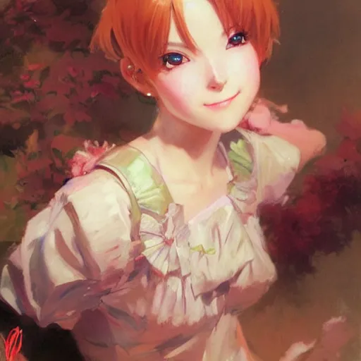 Prompt: a detailed portrait of a cute anime girl, smiling coy, painting by gaston bussiere, craig mullins, j. c. leyendecker
