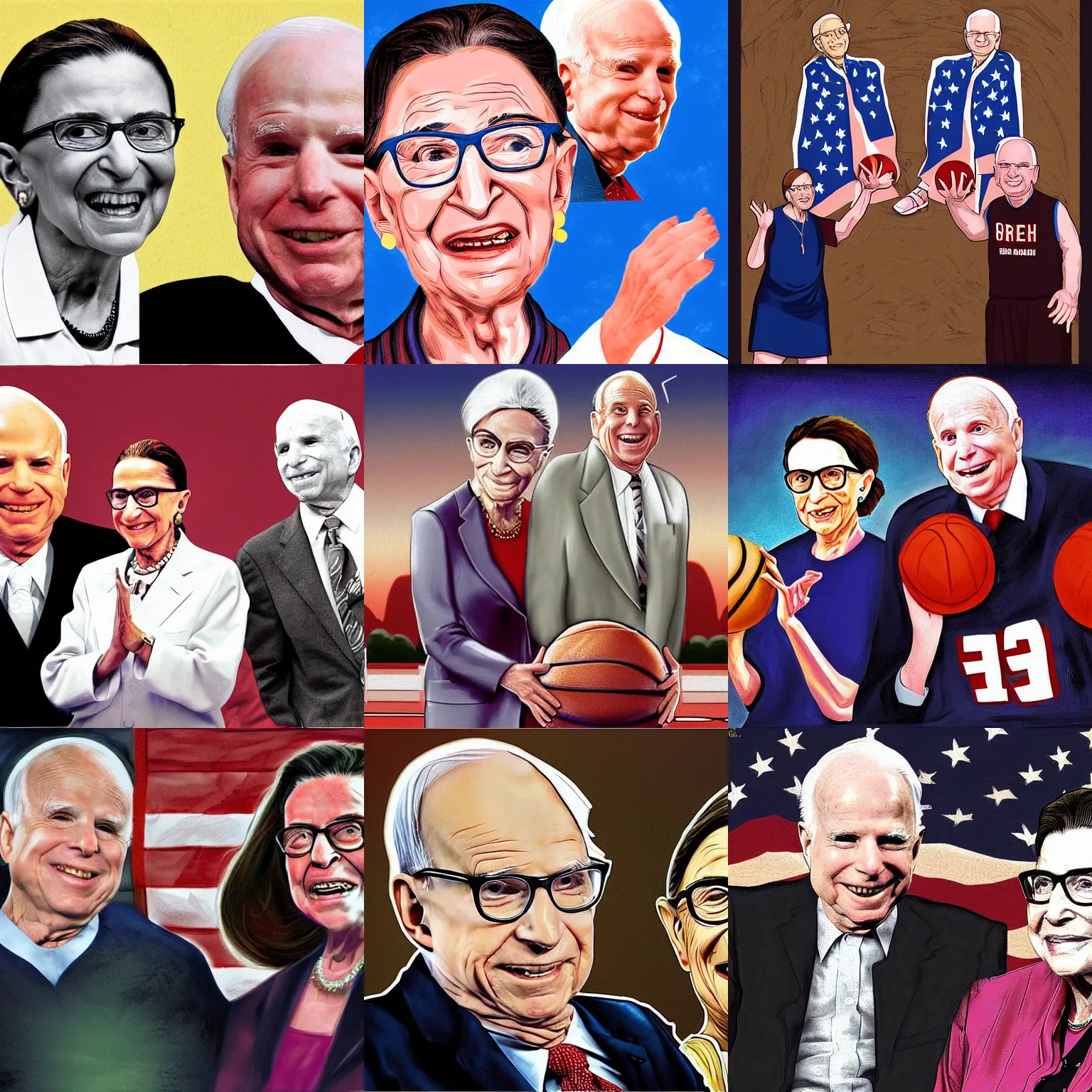 Prompt: Ruth Bader Ginsberg and John McCain playing basketball in heaven - digital art