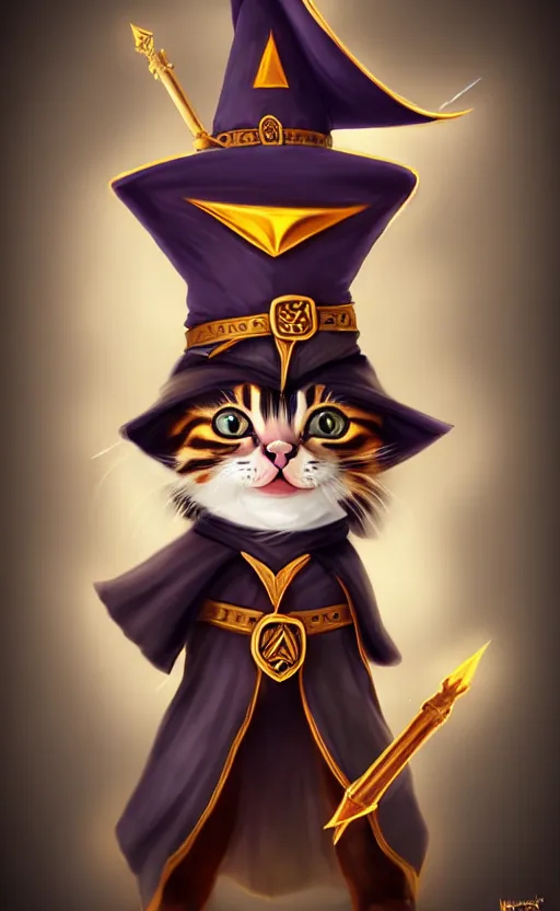 Prompt: a kitten wearing wizard robes and wizard hat, dungeons and dragons character art, dnd, character reveal, magic, posing, noble, full body portrait, high resolution, detailed, inspiring, award - winning, clear, crisp, sharp