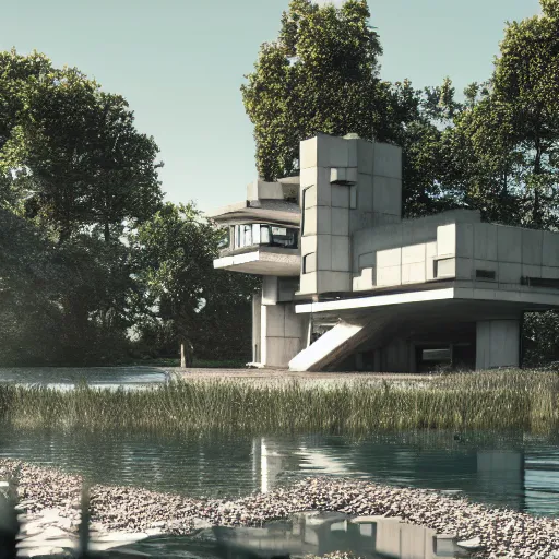 Prompt: brutalist villa on edge of a lake, antoni gaudi and le corbusier, photorealistic, cinematic, volume light, rendered in octane, artstation