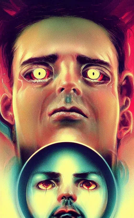 Image similar to upper half portrait of a man with spiral eyes droolingn inside of a distorted tv reality - in drew struzan movie poster style, art by drew struzan & hsiao - ron cheng, highly detailed, digital painting, ray tracing, illustration, smooth, sharp focus, intricate, symmetry, artstation,