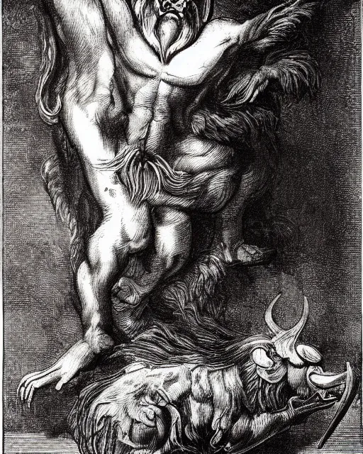 Image similar to a creature with the body and eyes of a man, with the beak of an eagle, the mane of a lion, and the horns of an ox. drawn by francis bacon