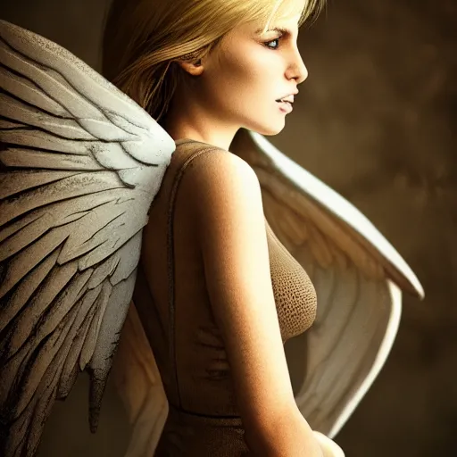 Prompt: very pretty blond female angel with wings, shallow depth of field, moody lighting, 8 k, concept art, wide angle,