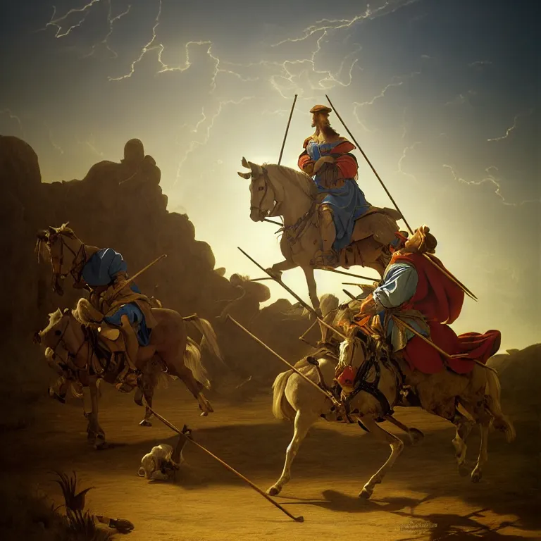 Image similar to Don Quixote fighting windmills, dreamlike atmosphere, symmetrical baroque painting, perfect composition, amazingly detailed octane rendering, beautiful, detailed, intricate, trending on Artstation, 8K fine art photography, photorealistic, natural volumetric cinematic perfect light soft, chiaroscuro, award-winning photography, masterpiece, Raphael, Caravaggio, Greg Rutkowski, Beeple