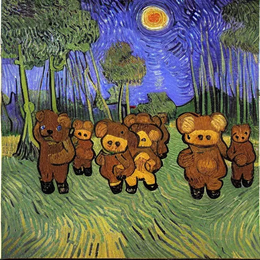 Prompt: painting of a teddy bear parade through a forest at night by Vincent Van Gogh