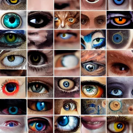 Prompt: collage, eyes, reflections, wall of eyes, hd photograph