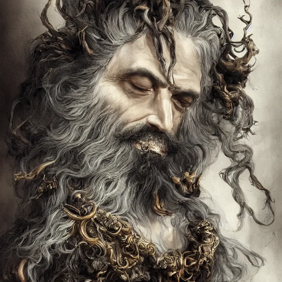 Prompt: Portrait of the Primeval Forest God, a beard Western male deity that brings serenity and wisdom onto the world. Headshot, insanely nice professional hair style, dramatic hair color, digital painting, of a old 17th century, amber jewels, baroque, ornate clothing, scifi, realistic, hyperdetailed, chiaroscuro, concept art, art by Franz Hals and Jon Foster and Ayami Kojima and Amano and Karol Bak,