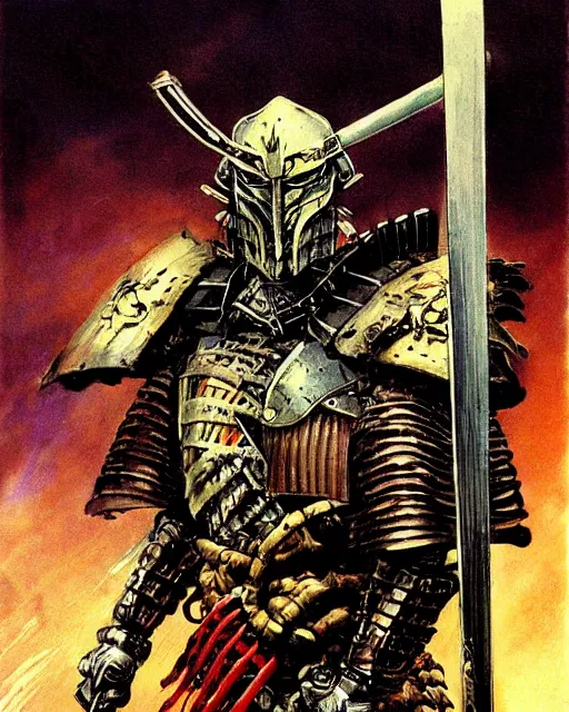 Prompt: portrait of a samurai cyborg wearing armor by simon bisley, john blance, frank frazetta, fantasy, barbarian