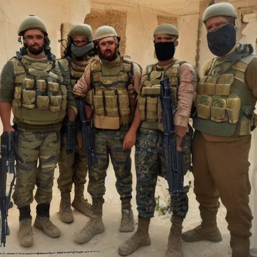 Image similar to A painting of Barney posing with ISIS soldiers in syria, detailed