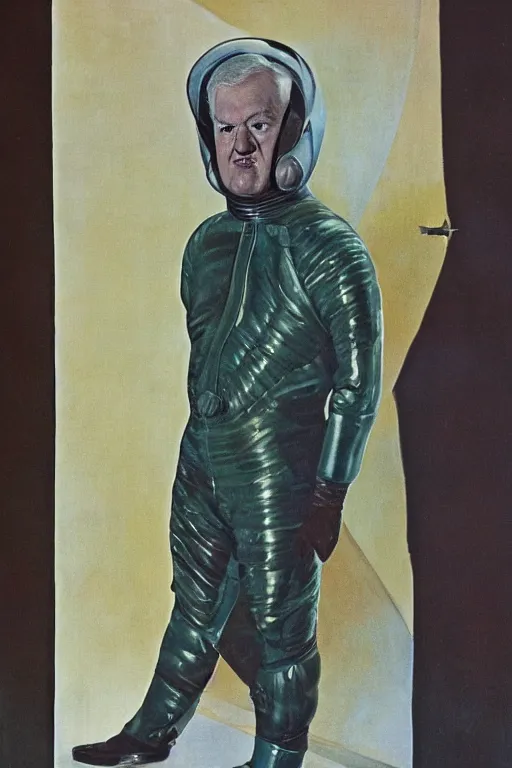 Image similar to full body portrait of actor kenneth mcmillan as baron harkonnen wearing leather spacesuit in dune, colour painting by normal rockwell