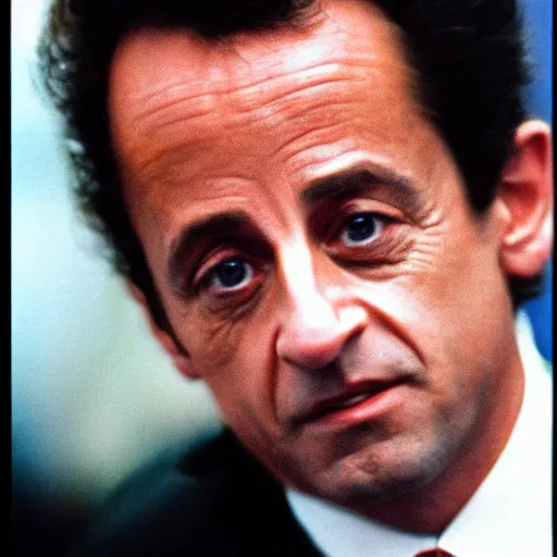 Prompt: 80s movie still portrait of Nicolas Sarkozy, cinestill 800t, lowest quality many artefact blurry, VHSrip