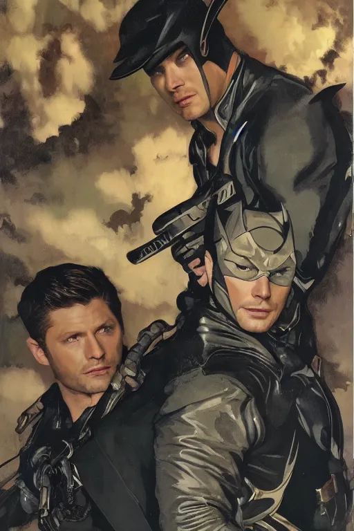 Image similar to a detailed matte portrait of jensen ackles and misha collins dressed as the adam west batman and robin, masterpiece, 8 k, art by alphonse mucha and greg rutkowski