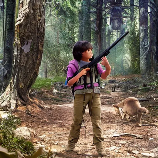 Prompt: dora the explorer hunting animals with a rifle