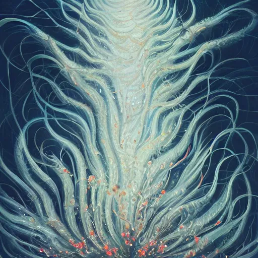 Prompt: beautiful painting of white tendrils and glitched blossoms exploding out of the void in the style of Simon Stålenhag and H. R. Giger, detailed, trending on Artstation