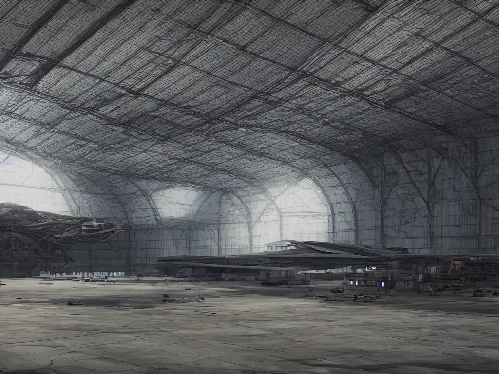 Prompt: Huge space hangar. Dramatic, cinematic, high quality, shadows, ArtStation, realistic photograph, dark ambience, vibrant colors, Unreal Engine 5, rendered by Octane.