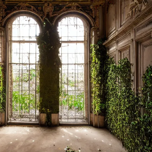 Image similar to inside opulent abandoned overgrown Palace of Versailles ,rplants growing through the floors and walls, walls are covered with vines, dusty golden volumetric light shines through giant broken windows, rich with epic details