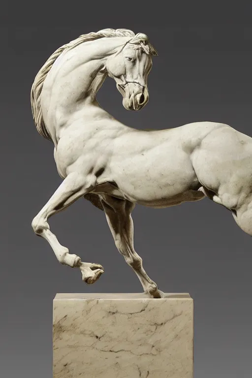 Prompt: a detailed marble sculpture of a horse, rearing dramatically, by michelangelo
