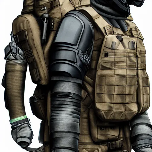 Prompt: futuristic insurgent wearing black helmet, brown cloak, technical vest, and a backpack, photorealistic, digital art