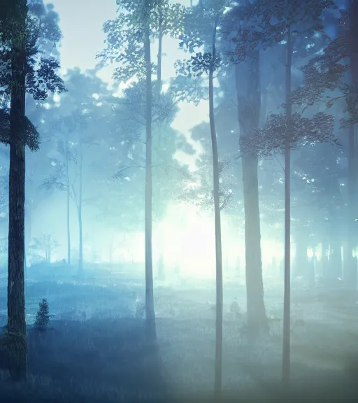 Image similar to daydreaming of the fuidity transparent dance of the blockchain, cyberpunk forest, majestic light, octane render, beauty fog, ethereal glare of the sun, raining rainbow, volumetric lighting, hyperealistic, epic, masterpiece