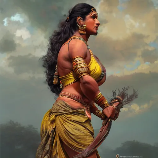 Image similar to full body painting of a muscular south indian woman, sari, ultra realistic, concept art, intricate details, eerie, horror, highly detailed, photorealistic, octane render, 8 k, unreal engine. art by artgerm and greg rutkowski and alphonse mucha