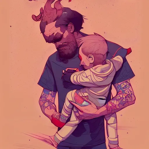 Image similar to illustration, a Love of a father and son, post grunge concept art by josan gonzales and wlop, highly detailed, intricate, sharp focus, Trending on Artstation HQ, deviantart