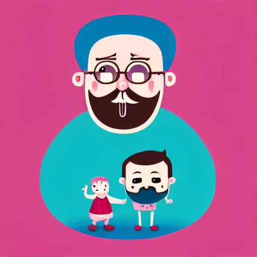 Image similar to curled perspective digital art of a cute cartoon character smiling beard grandpa with baby girl photo camera by anton fadeev