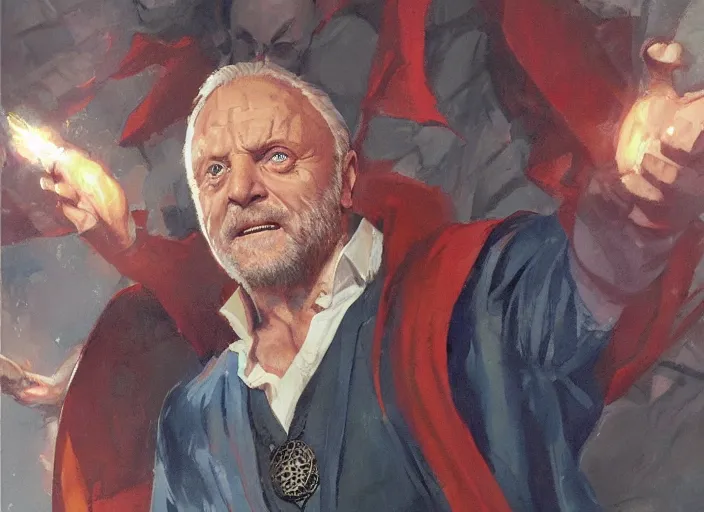 Image similar to a highly detailed beautiful portrait of anthony hopkins as dr strange, by gregory manchess, james gurney, james jean