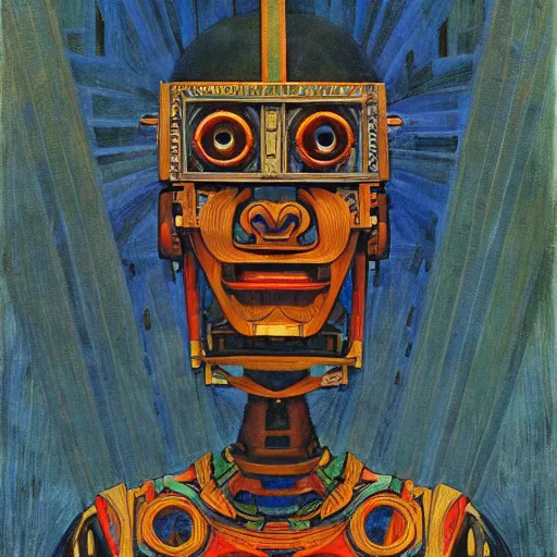 Image similar to the robot in her intricate mechanical mask stand on the lawn, by annie swynnerton and diego rivera and kit williams and leo and diane dillon and nicholas roerich, symbolist, dramatic lighting, elaborate geometric ornament, art brut, god rays, soft cool colors, smooth, sharp focus, extremely detailed, adolf wolfli