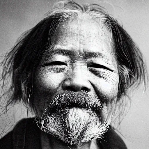 Prompt: black and white old photo of a hippie Chinese man, portrait, high detail, earrings, tattoos