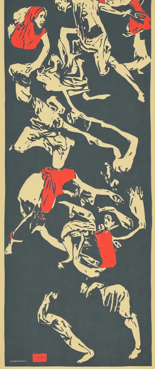 Prompt: mid-century block print propaganda poster promoting nonsense