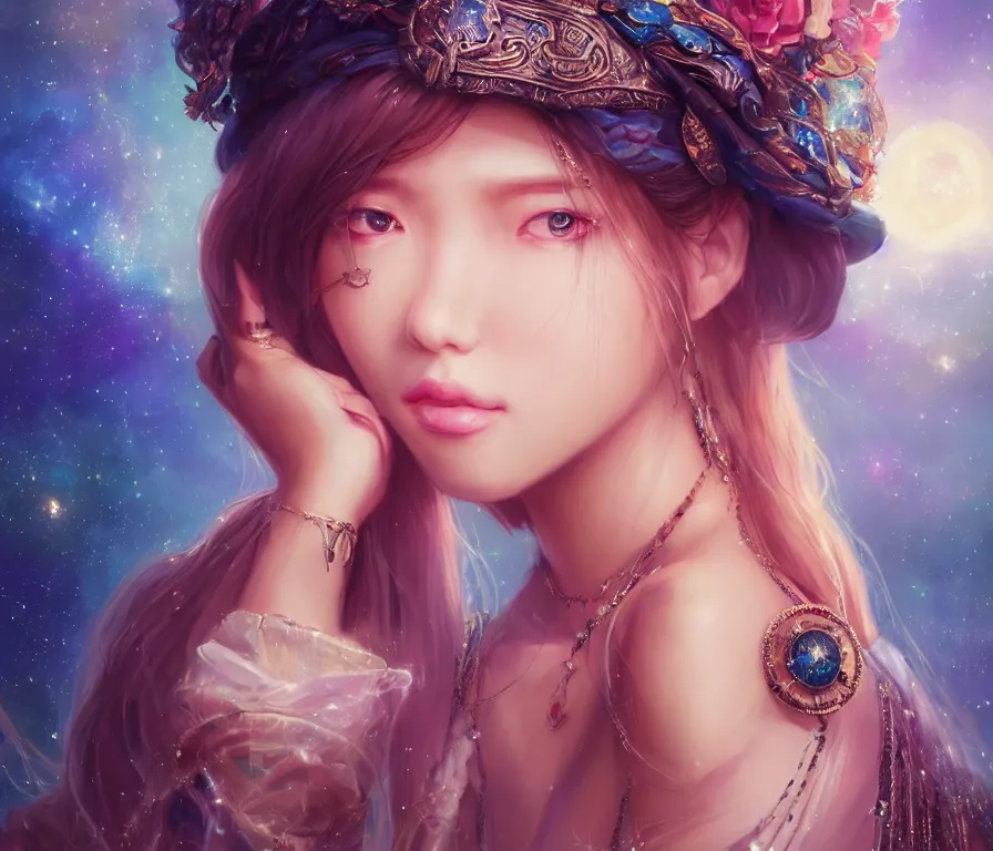 Prompt: masterpiece portrait charming and miracle female luxury astromancer boho accessories in dreamlike movie, kpop, high detailed face, art by artgerm, greg rutkowski, sasoura, satchely, ross tran,, big major starry sky and city in background, uhd, medium long shot, fantasy, twlight, no distorsion, sharp focus,