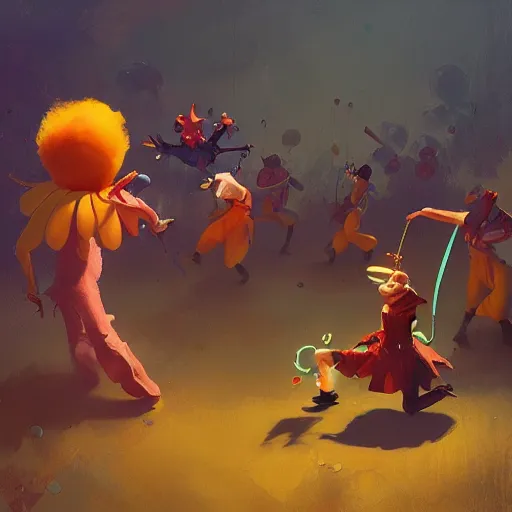 Prompt: a fairy attacking an army of clowns , artwork by Sergey Kolesov, arstation,