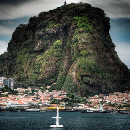 Image similar to king kong walking in funchal's city bay near the streets and sea, trampled, cinematic shot, realistic, hdr, color, wide shot, gigantic