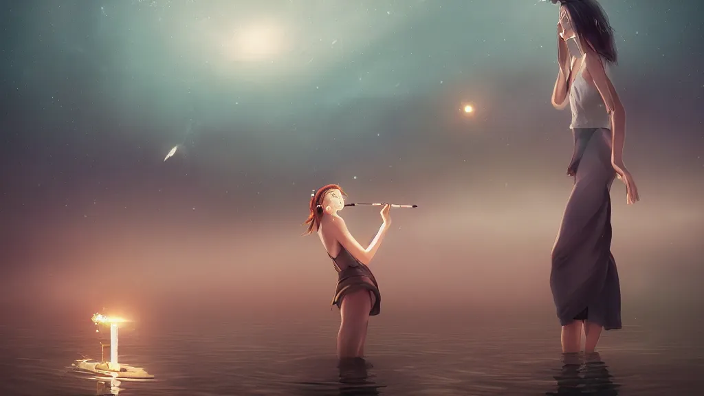 Image similar to whimsical, beautiful playful women, wearing professional makeup, standing in a lake, blowing smoke, under the stars, with a binary black hole with a ring in the sky, by Studio Ghibli, by Greg Rutkowski, by Steve Argyle, face enhance, volumetric lighting, 4k resolution, octane render, trending on artstation