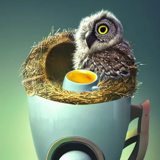 Image similar to long shot of a very cute owl chick nesting in a very futuristic cup, esao andrews, humorous illustration, hyperrealistic, big depth of field, warm colors, night scenery, low light, 3 d octane render, 4 k, conceptart, hyperdetailed, hyperrealistic, trending on artstation